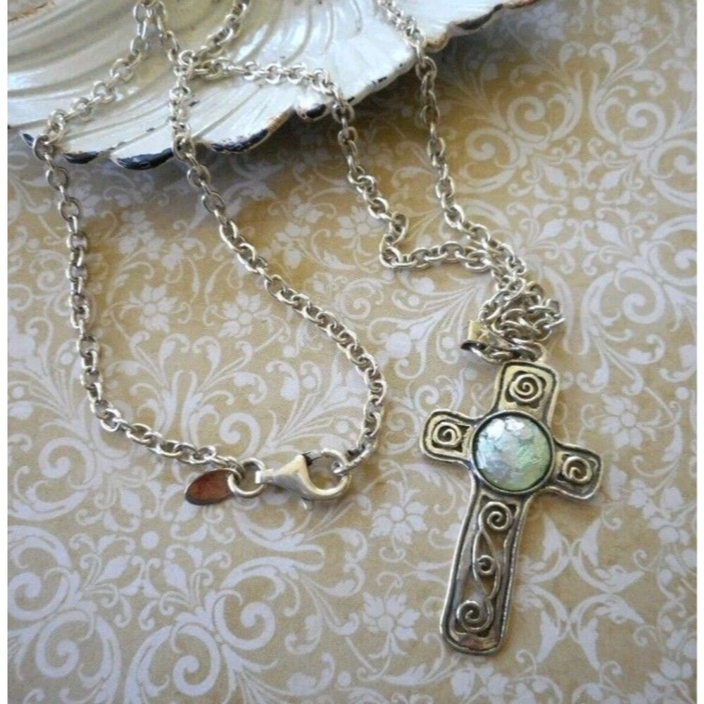 PZ  925 STERLING SILVER ROMAN GLASS CROSS NECKLACE